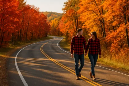 North Dakota scenic routes with autumn trees beside a quiet prairie road