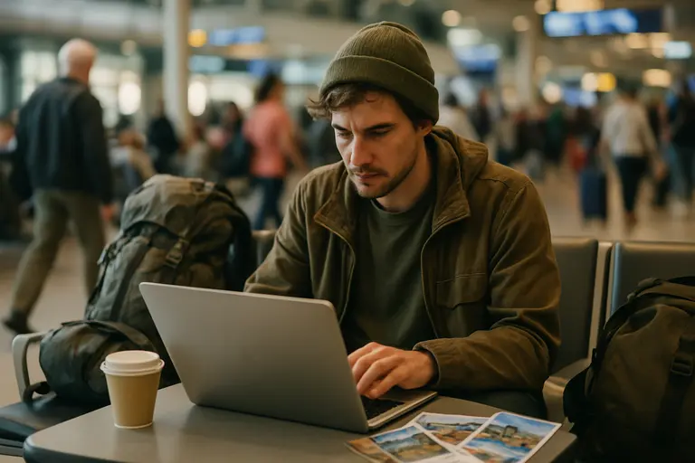 Passport, laptop, and travel documents arranged before booking a trip