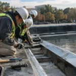 Reflecting Pool Repairs fencing near the Lincoln Memorial walkway