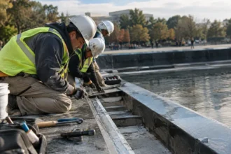 Reflecting Pool Repairs fencing near the Lincoln Memorial walkway