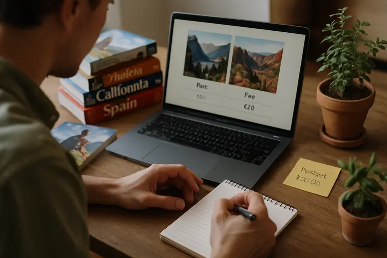 Traveler comparing park fees and lodging prices on a laptop