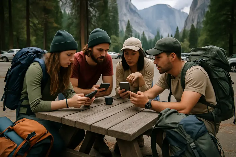 Traveler reviewing a park map near a trailhead before hiking