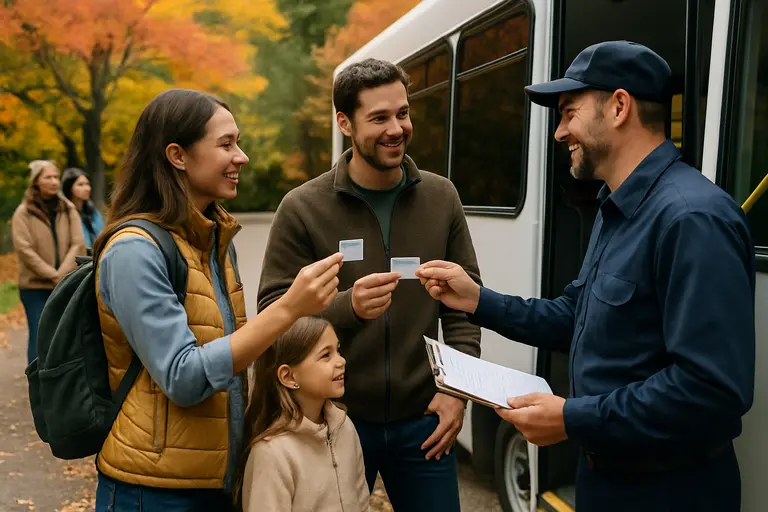 Travelers checking a shuttle map before boarding in Zion National Park