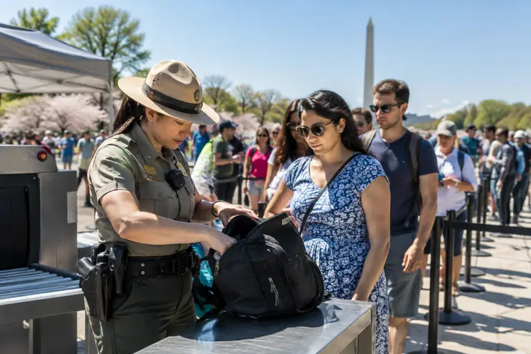 Travelers reviewing a map near the Lincoln Memorial Reflecting Pool area