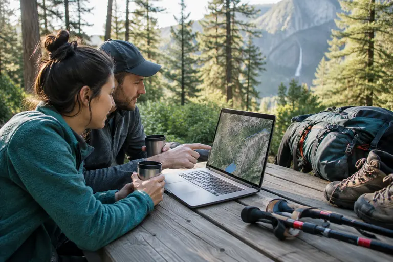 Travelers reviewing a paper map near a parked car in Yosemite