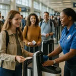 TSA gate access checkpoint area with travelers preparing documents