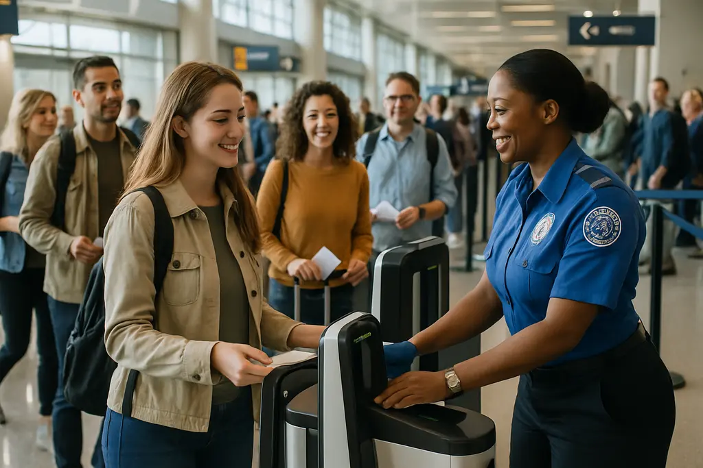 TSA gate access checkpoint area with travelers preparing documents