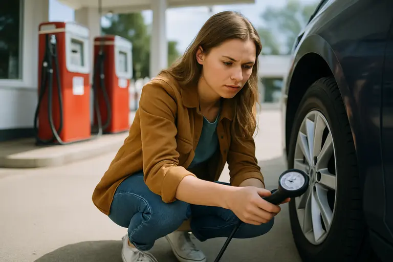 Visitor checking a phone beside a parked car near a wooded road