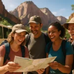 Zion Shuttle Changes sign area near canyon shuttle buses in autumn light