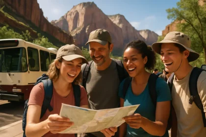 Zion Shuttle Changes sign area near canyon shuttle buses in autumn light